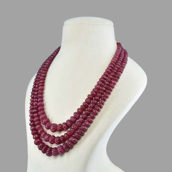 Natural and Certified Ruby Kharbuja Beads Necklace ( 3 Lines Pink )