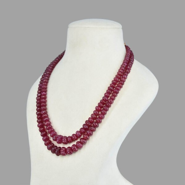 Natural and Certified Ruby Kharbuja Beads Necklace ( 2 Lines Pink )