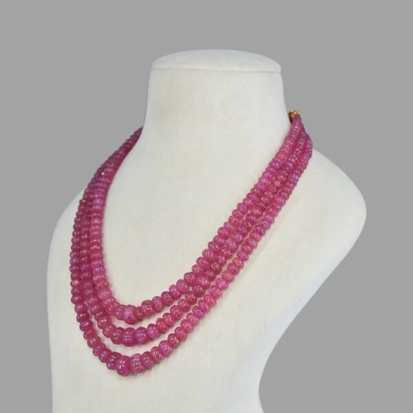 Natural and Certified Ruby Kharbuja Beads Necklace ( 3 Lines Pink )