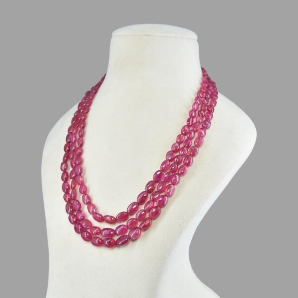 Natural and Certified Ruby Beads Necklace ( 3 Lines Pink )