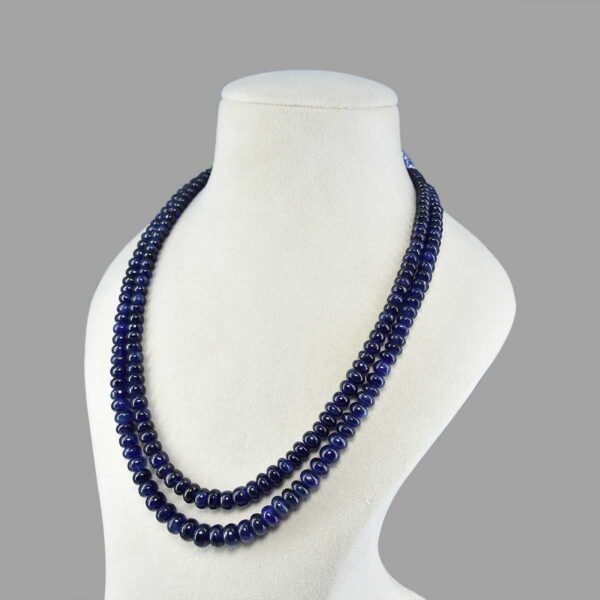 Certified Blue Sapphire Flat Plain Beads Necklace Mala ( 2 Lines Blue )