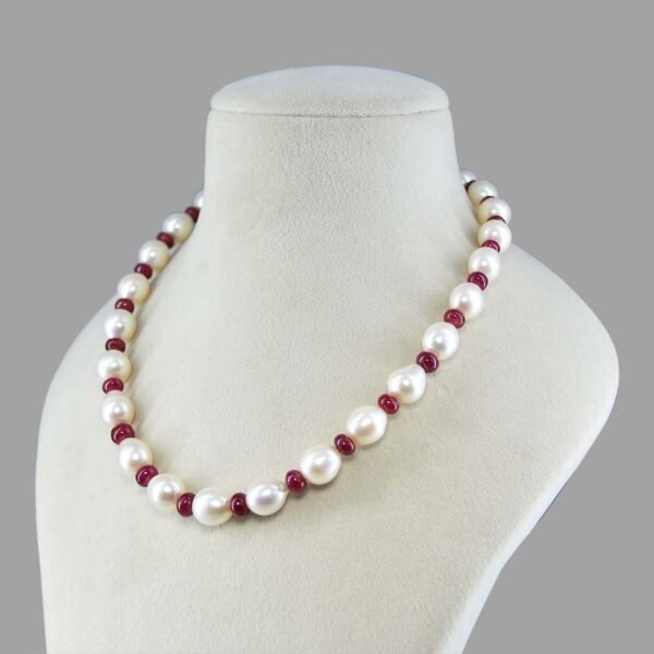 Pearl Moti and Ruby Beads Necklace Mala ( Single Line Red and White )