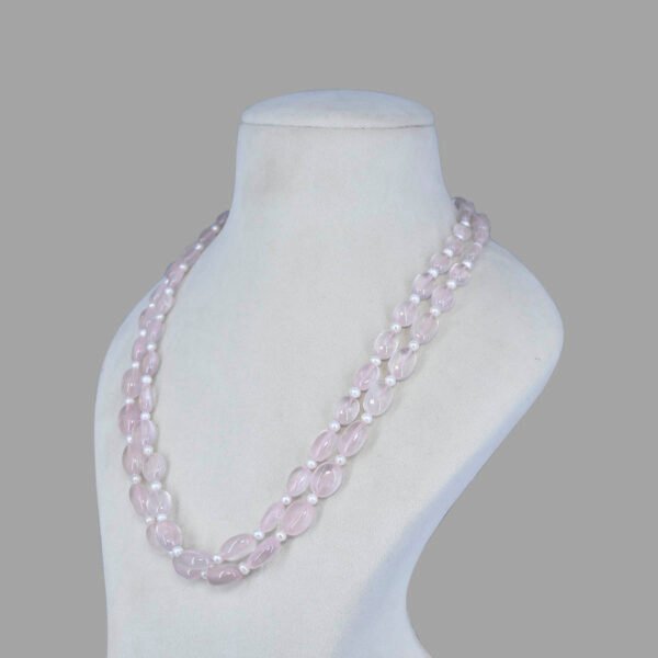 Natural Rose Quartz and Pearl Necklace ( 2 Lines Rose White )