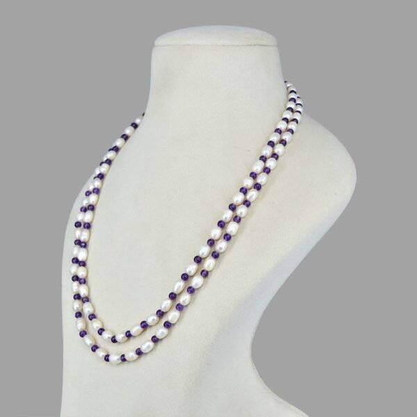 Natural Amethyst and Pearl Beads Mala ( 2 Line Purple White )