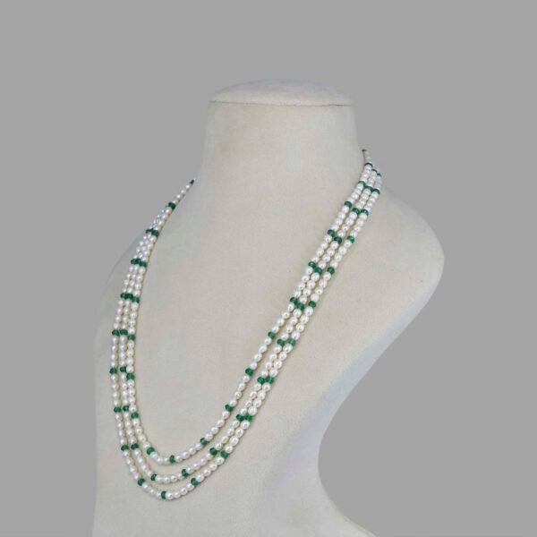 Natural Onyx and Pearl Beads Necklace ( 3 Lines Green White )