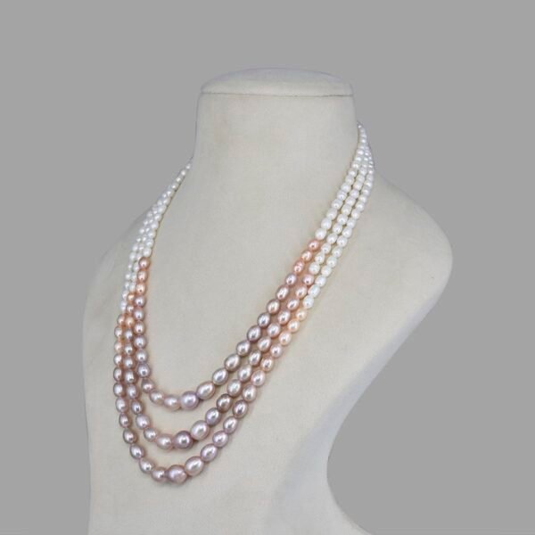 Natural Pearl Moti Mala Beads Necklace ( 3 Lines Multi Shade White Peach )