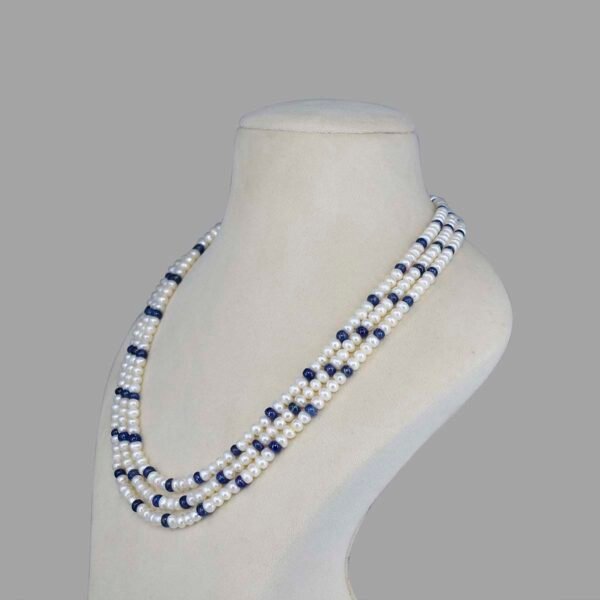 Pearl and Blue Sapphire Gemstone Necklace ( 3 lines White Blue )