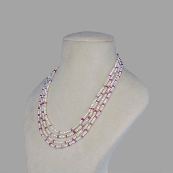 Certified and Natural Pink Sapphire and Pearl Necklace ( 4 Lines Pink )