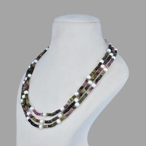 Natural Tourmaline Necklace with Pearls ( 3 Lines Multi Colour )