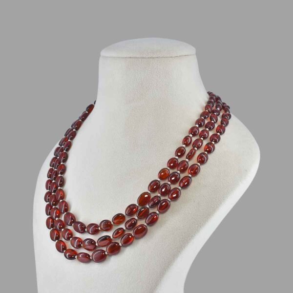 Natural Hessonite Beads Necklace Gomed Mala ( 3 Lines Red )