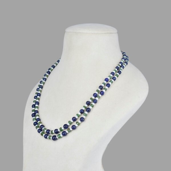 Emerald Sapphire and Pearl Beads Necklace Mala ( 2 Lines Blue White Green )