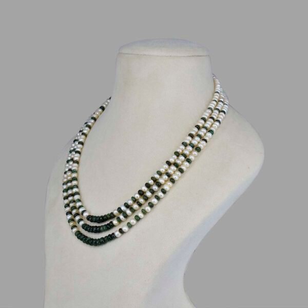 Certified Emeralds and Pearl Beads Necklace Mala ( 3 Lines White Green )