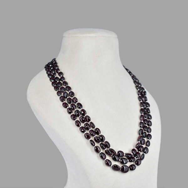 Red Garnet Oval Beads Mala Necklace ( 3 Lines Red )