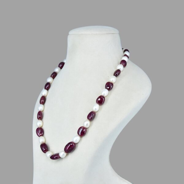 Natural Ruby with Peral Beads Necklace ( Single Line Red White )